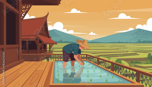 Man leaning over pool on wooden deck.