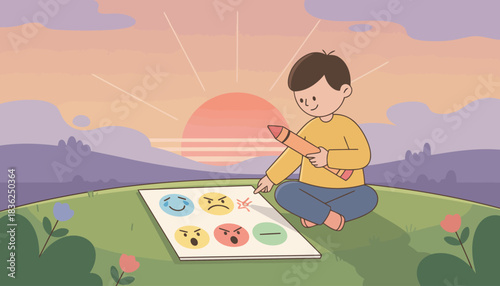 Young Boy Crafting Outdoor Art Board At Sunset.