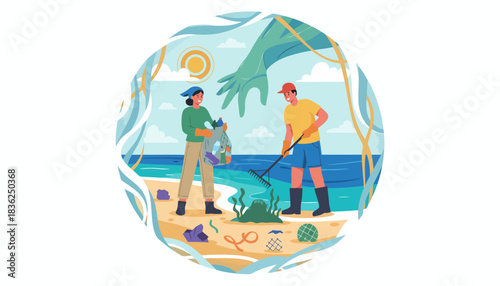 Two People Standing on Sunny Beach Shore by the Water.