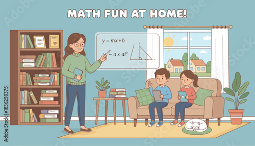 Math Lesson at Home With Children and Teacher.