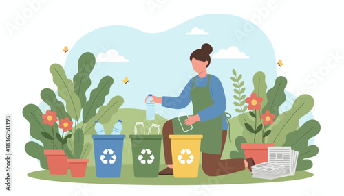 Woman Sorting Recycling Bins and Taking Action.