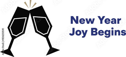 New year joy begins champagne toasting glasses icon for celebration party and festive greetings
