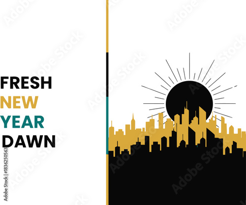 Fresh new year dawn skyline silhouette with sunrise rays hopeful beginning