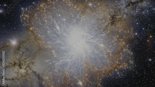 Swirling cosmic cloud with a bright, explosive center