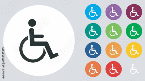 Collection of modern wheelchair disability access icons set in solid colors.