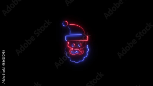 Abstract glowing neon Santa icon animation with dark background.Icon with snow, Santa Claus, gift box, candy cane, bells, Christmas tree, snowman and reindeer animation.