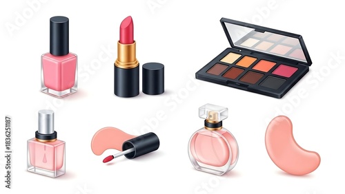 nail polish and lipstick, set of cosmetic products, Different beauty makeup cosmetic product 3D style icon set vector illustration bundle collection. Makeup palette, lipstick, perfume bottle, eye patc