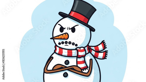Angry snowman vector illustration winter holiday christmas design with carrot nose and top hat drawing