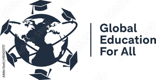 Global education for all world map globe with graduation caps inspiring learning and knowledge worldwide