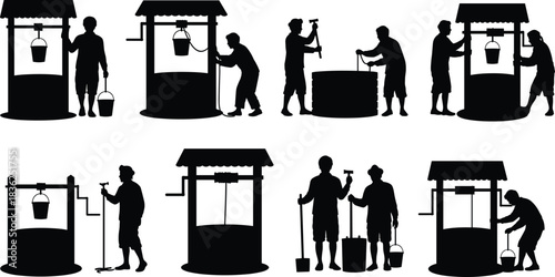 Well, water, silhouette, posture, gesture, bucket, pump, crank, rope, hammer, shovel, rural, agriculture, labor, traditional, tool, draw, maintain, vector, black, pose, setup, flavector