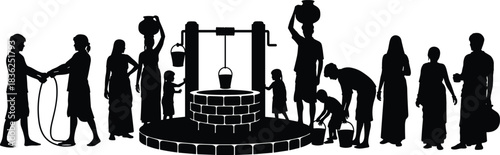 Water, well, communal, silhouette, posture, gesture, bucket, pulley, rope, carry, fill, rural, agriculture, labor, traditional, group, child, adult, vector, black, pose, setup, flavector