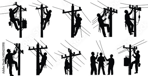 Utility, pole, worker, silhouette, posture, gesture, climb, wire, repair, install, helmet, harness, tool, belt, rural, infrastructure, labor, electric, vector, black, pose, setup, flavector