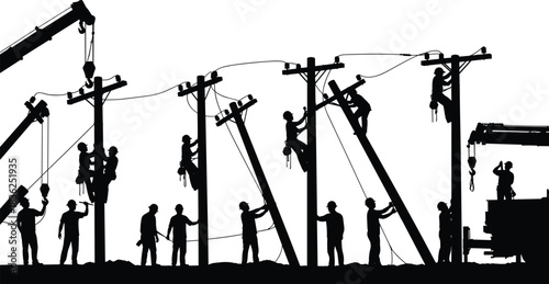 Utility, pole, installation, repair, silhouette, posture, gesture, crane, truck, rope, climb, cable, worker, electric, infrastructure, teamwork, safety, vector, black, pose, setup, flavector