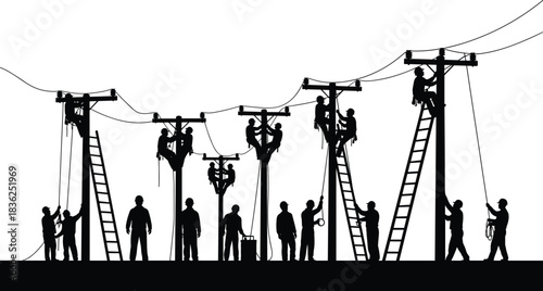 Utility pole teamwork and electrical line maintenance silhouette set, black vector illustration for infrastructure, safety, or industrial-themed stock image and training template