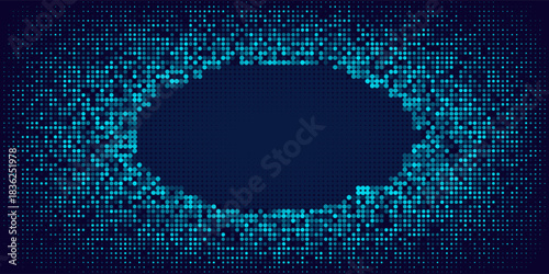 Digital Pixel Explosion. Abstract Virtual Cyber Space Data Flow. Halftone Pixel Effect Round Explosion. Vector Illustration.