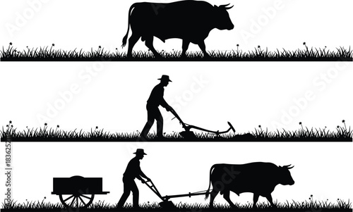 Traditional farming silhouette scene with ox, plow, farmer, agriculture tools, rural landscape, vintage method, countryside labor, black vector illustration