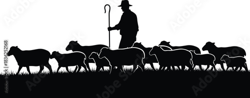 Shepherd, sheep, silhouette, posture, gesture, crook, walk, guide, herd, flock, hat, grass, rural, livestock, agriculture, traditional, vector, black, pose, setup, flavector