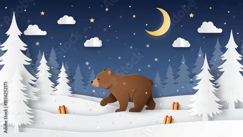 Brown Bear in Winter Wonderland Paper Cut Illustration.
