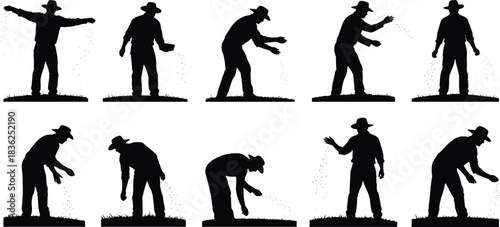 Seed, sowing, silhouette, posture, gesture, scatter, hand, field, grass, farmer, hat, rural, agriculture, traditional, manual, labor, vector, black, pose, setup, flavector