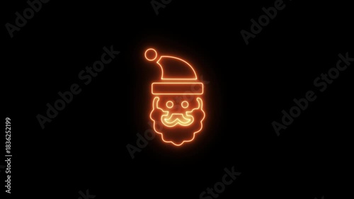 Abstract glowing neon Santa icon animation with dark background.Icon with snow, Santa Claus, gift box, candy cane, bells, Christmas tree, snowman and reindeer animation.