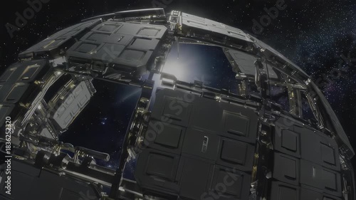 Futuristic spherical structure against a starry sky