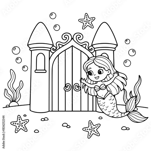 Mermaid at Underwater Castle Gate Coloring page for Kids