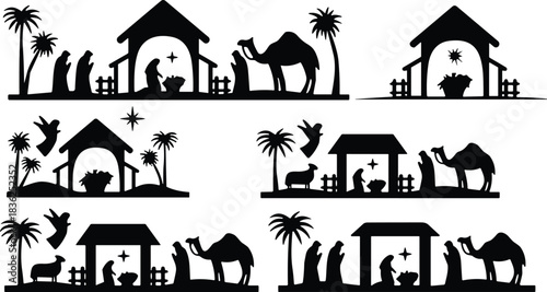 Nativity silhouette set with manger, Mary Joseph baby Jesus animals wise men star, flat vector illustration Christmas religious scene for stock image template