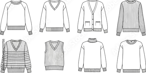 Comprehensive Vector Line Art Collection of Eight Different Knitwear Styles Including Sweaters, Cardigans, Vests, and Turtleneck Designs