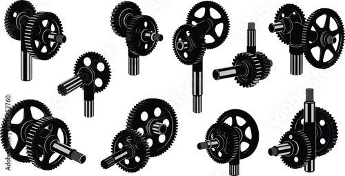 Gear, assembly, silhouette, posture, shaft, rotate, torque, mechanical, spoke, perforated, motion, machinery, vehicle, engineering, transmission, setup, vector, black, pose, flavector