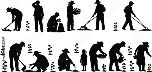 Gardening, plant, silhouette, posture, gesture, dig, water, harvest, observe, child, adult, growth, soil, rural, agriculture, care, vector, black, pose, setup, flavector