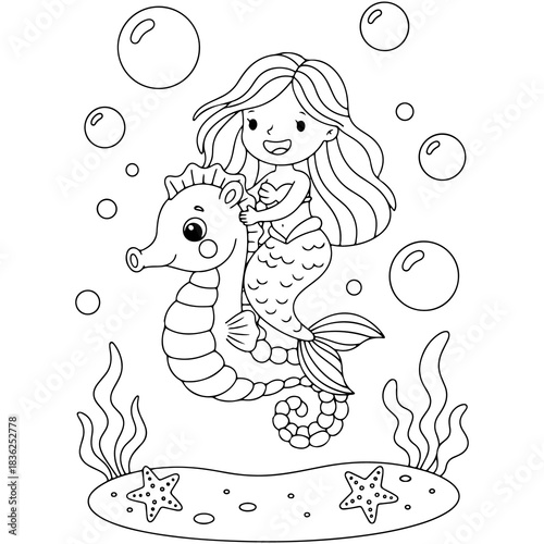 Mermaid Riding a Giant Bubble Seahorse Coloring Page for Kids