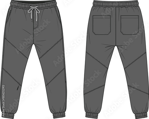 Stylish Vector Technical Flat of Segmented Grey Jogger Sweatpants with Front Drawstring and Back Patch Pockets for Apparel Design