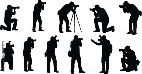 photographer, camera, silhouette, posture, gesture, tripod, kneel, crouch, stand, point, shoot, lens, rural, activity, motion, photographer camera, silhouette posture, black vector, tripod gesture, kn