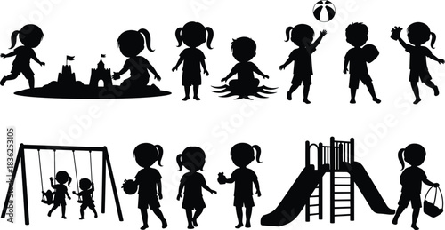 Children, play, silhouette, posture, gesture, swing, slide, sandcastle, toy, ball, basket, sit, stand, walk, outdoor, activity, playground, fun, vector, black, pose, setup, flavector