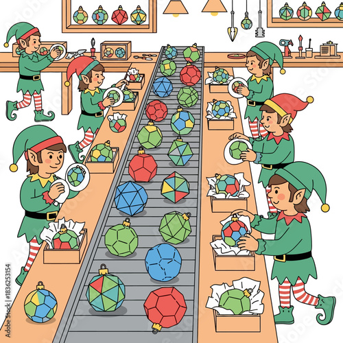 Ilustrasi vektor datar 2D yang hidup dari bengkel Natal yang ramai, memperlihatkan kurcaci memoles dan mengemas ornamen geometris (bintang, snow globes, bells) di atas ban berjalan.