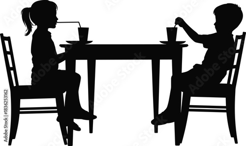 Children drinking and stirring at table silhouette, seated interaction scene with cups and chairs, black vector illustration for stock image or educational design template