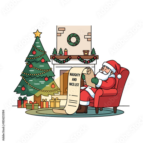 Ilustrasi vektor datar 2D menunjukkan Sinterklas damai sedang memeriksa daftar Nakal dan Baik yang panjang di ruang tamu Natal yang nyaman, diterangi cahaya pohon rustic berornamen minimalis.