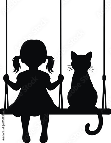 Child and cat silhouette on swing, peaceful moment, black icon, flavector, friendship scene, nature bond, pet companion, outdoor leisure, innocence theme, white background, calm vibe