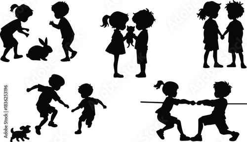Children and animals silhouette vector set, playful interaction icons, black flavector shapes, friendship and care theme, outdoor activity, white background, childhood moments, pet bonding