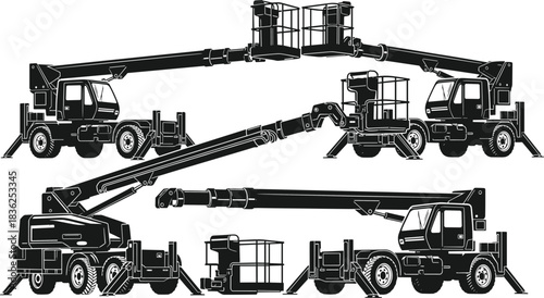 Boom lift vector, aerial work platform, construction equipment illustration, telescopic arm lift, industrial machinery, articulated boom, technical drawing, flavector