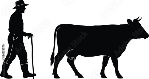 Black silhouette vector illustration of rural farmer man walking with wooden stick leading dairy cow on white background for agriculture design art.