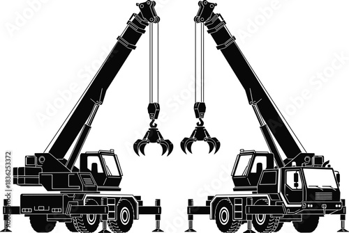 Black silhouette vector illustration of two heavy industrial mobile cranes with hydraulic claw grapples standing on outriggers isolated on white background art.