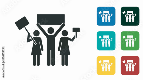 Protest Icon Set: Three People Holding Signs and Placards, Simple Vector Graphic Resource