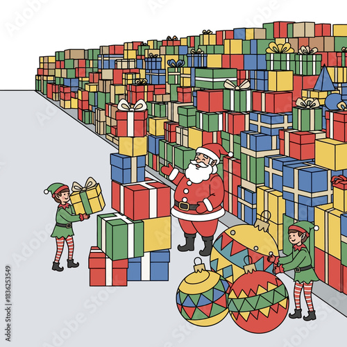 Ilustrasi vektor datar 2D: Sinterklas dan dua peri pekerja keras menyortir tumpukan besar hadiah Natal geometris dan hiasan di gudang logistik yang luas dan terorganisir, siap untuk pengiriman.