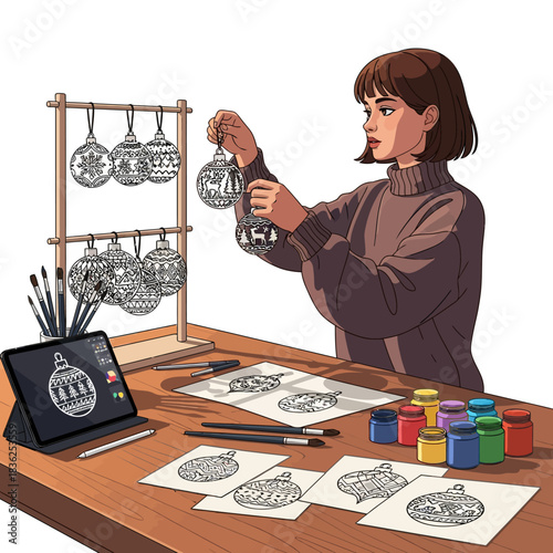 Flat 2D vector scene: Female character carefully places Christmas ornaments (stylized stars and snowflakes) onto a minimalist studio display rack.