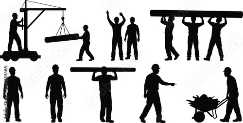 Construction, worker, silhouette, teamwork, labor, crane, wheelbarrow, lifting, carrying, vector, black, manual, site, object, pose, coordination, helmet, task, effort, flavector