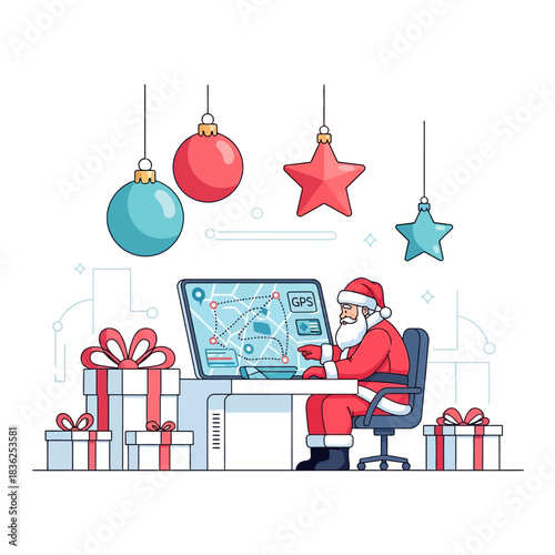 Ilustrasi vektor datar 2D Sinterklas berteknologi tinggi merencanakan rute pengiriman Natal dengan tablet GPS besar, dikelilingi hadiah dan ornamen raksasa di bengkel modern yang cerah.