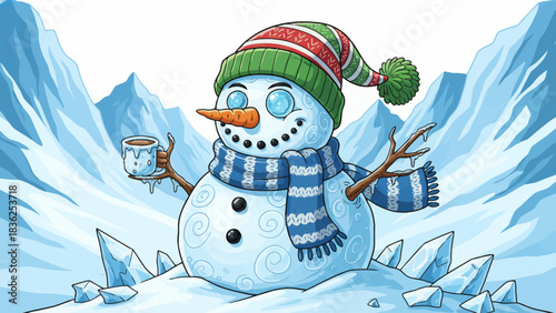 snowman stands in deep snow under the Matterhorn’s towering peak, surrounded by alpine pines and crisp winter skies, forming a stunning Christmas landscape