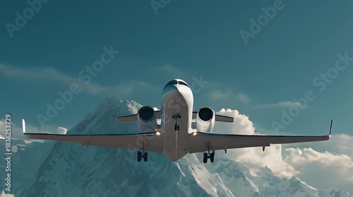 Private Jet Takes Off Against Majestic Mountain Backdrop.