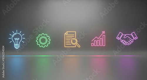 A set of glowing line icons floating horizontally over a neutral background, business workflow concept, clean minimal style